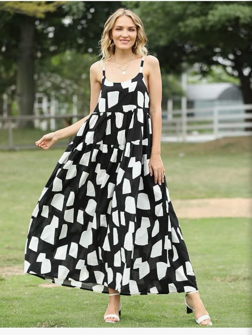 Monochrome Geometric Maxi Dress with Spaghetti Straps